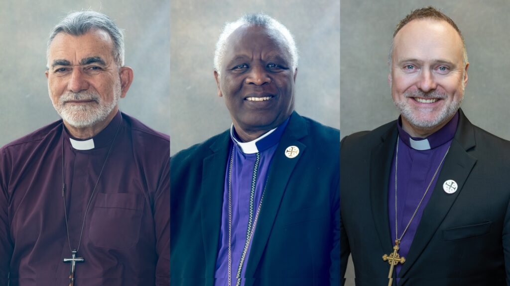 Archbishop Laurent Mbanda, Archbishop Miguel Uchoa, and Bishop Paul Donison standing together after their election as leaders of the newly formed Global Anglican Council at the G26 conference in Abuja, Nigeria
